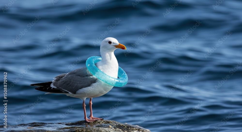 Fototapeta premium Seabird with a plastic ring around its neck, ocean background