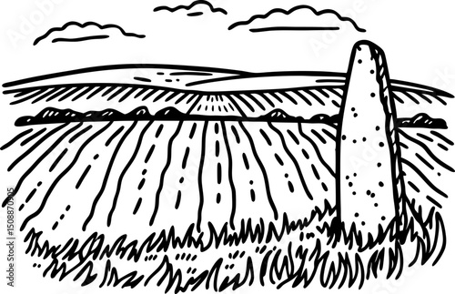 peaceful rural landscape with standing stone in field, serene countryside scenery