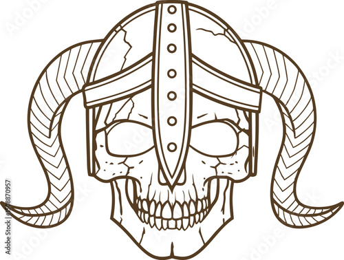 Viking warrior skull with horned helmet aggressive medieval bone head illustration, line art drawing