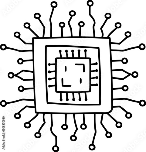 Microchip schematic illustration simple computer processor circuit board, black and white line art, technology design