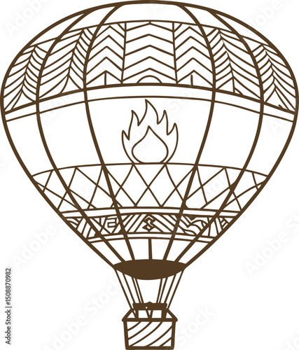 Vintage hot air balloon with geometric patterns outline illustration of classic balloon flight and travel adventure