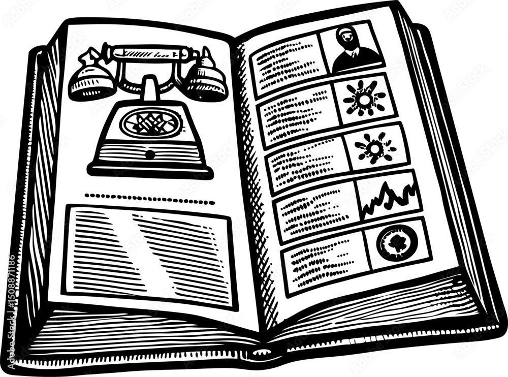 Retro telephone directory book open with vintage illustrations, phone listings, information, and sketches