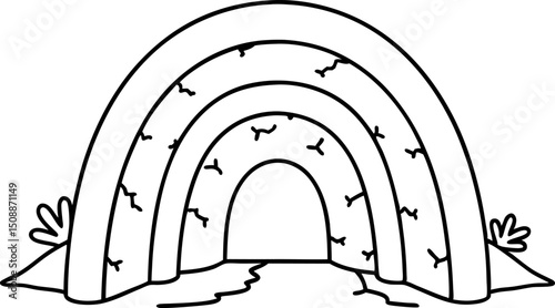 Cracked rainbow bridge outline with dried ground nature drought, climate change coloring page for kids