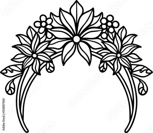 Floral headband outline illustration decorative crown with blooming flowers, leaves and intricate botanical pattern