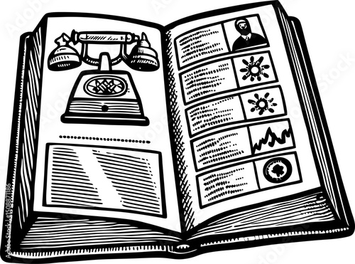 Retro telephone directory book open with vintage illustrations, phone listings, information, and sketches
