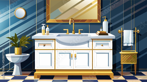 showcasing an elegant and modern bathroom vanity in a sleek white and gold color scheme featuring a ceramic sink a premium faucet a soap dispenser and