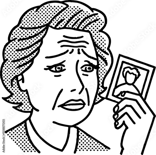 Elderly woman holding photo, emotional facial expression, missing loved one, nostalgia, loneliness, grief