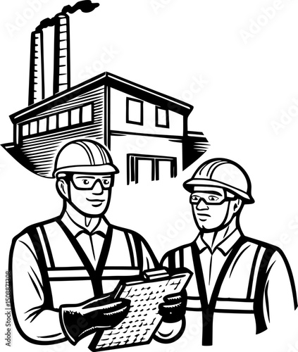 Industrial engineers with safety helmets and vests reviewing checklist in front of factory building, workplace safety audit