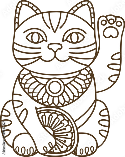 Lucky maneki neko cat illustration japanese fortune symbol, raised paw, ornate pattern, prosperity, cultural charm