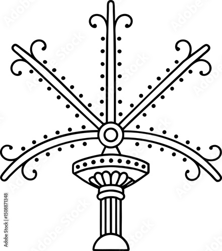 Ornate vintage street lamp design, black and white line art decorative urban lighting fixture illustration