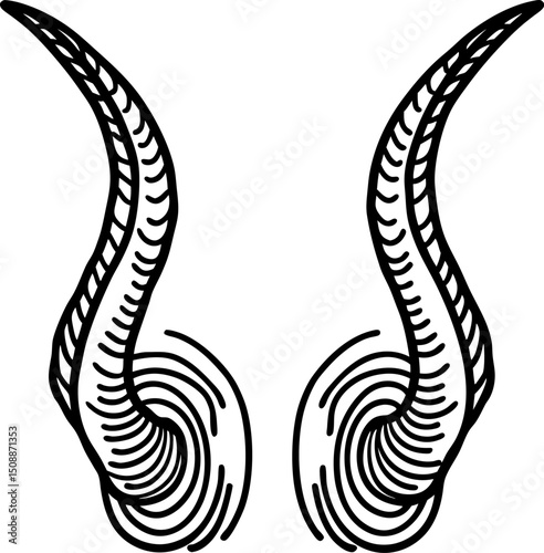 Twisted goat horns illustration curved animal horn design, black and white abstract line drawing, isolated  art