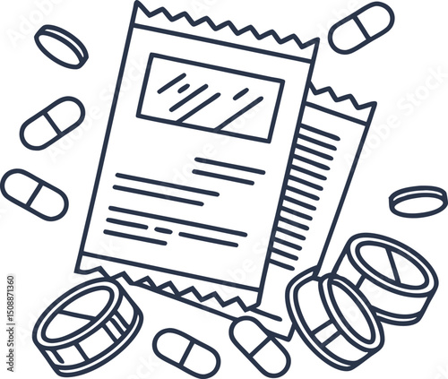 Medical pill packets and capsules outline pharmaceutical packaging, medication strips, blister packs with tablets