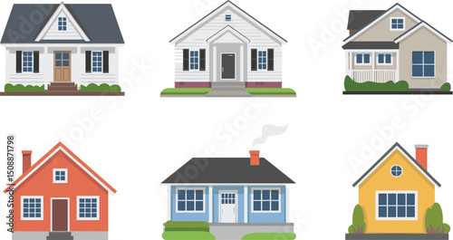 Colorful and diverse suburban house illustrations with modern and classic designs, perfect for real estate, architecture, home concepts, and digital projects