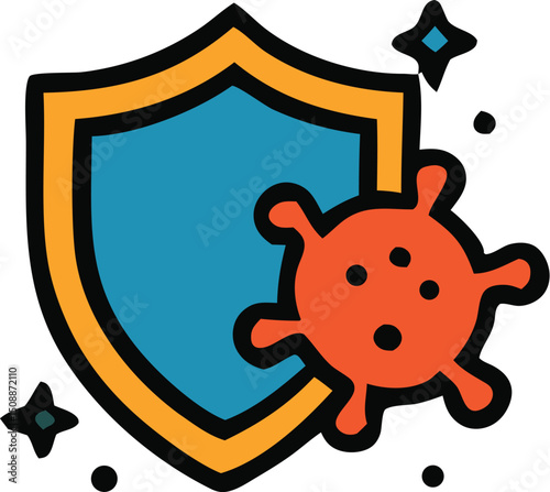 Shield protecting a virus, symbolizing cybersecurity, protection from cyber attacks. Suitable for technology, cybersecurity, online safety concepts