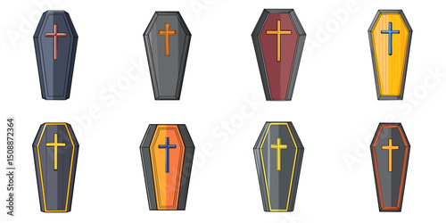 Multiple vector illustrations of coffins, outlines