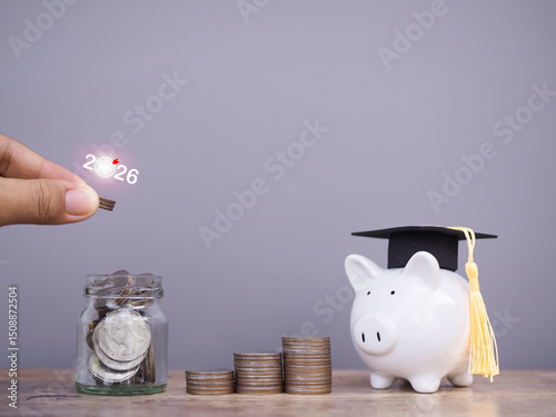 Close up hand putting coin into glass bottle, Piggy bank with graduation hat and stack of coins. The concept of saving money for education, student loan, scholarship, tuition fees in year 2026