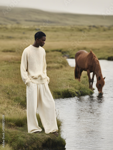 A fashion editorial photo of an African model wearing baggy cream trousers and a white sweater, standing next to a river in Iceland. A brown horse is drinking water from the stream
