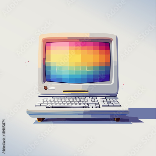 Retro Computer with Colorful Pixelated Screen Vintage Digital Art