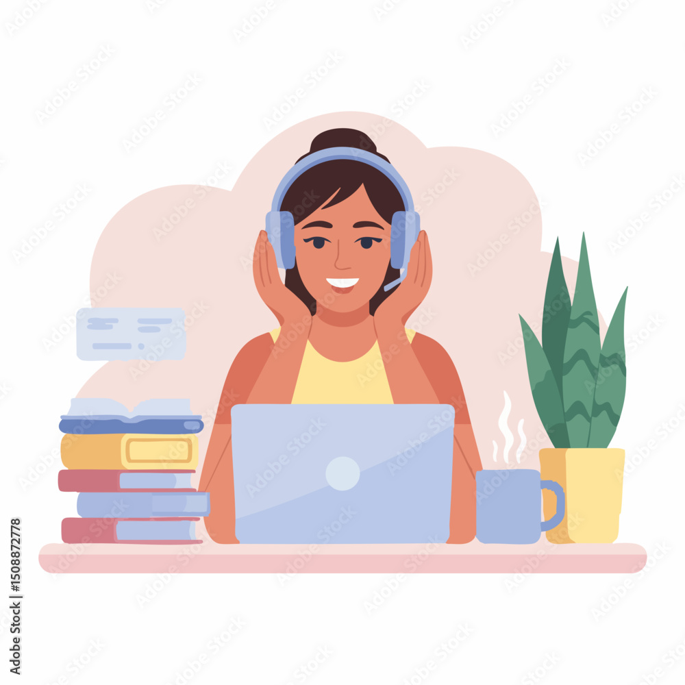 Obraz premium Flat Vector of Young Woman Studying Online at Home – Minimal E-Learning Illustration