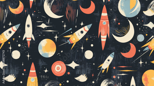 Retro Dark Space Rocket Vector Pattern with Planets and Stars for Science and Educational Backgrounds