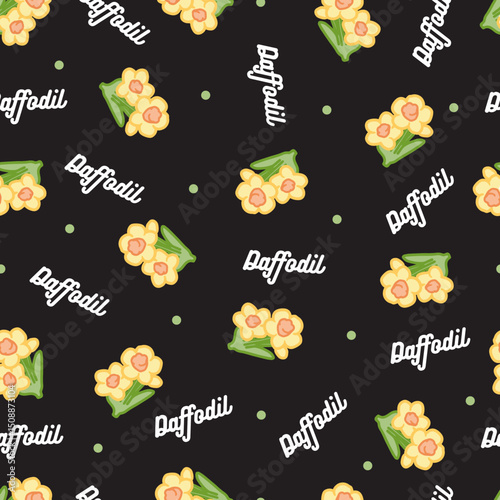 Abstract Floral on Black Yellow Daffodil Blooms. This seamless design is ideal for use in digital and print media, including textiles, wallpapers, and stationery.