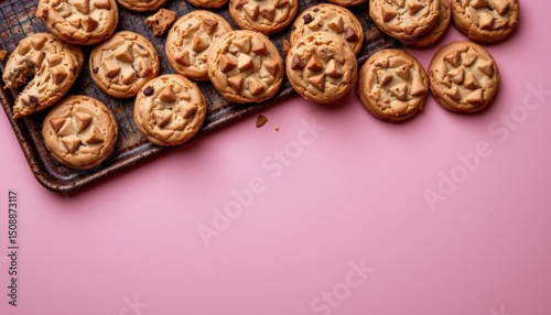 Freshly Baked Golden Cookies On A Baking Tray Against A Soft Pink Background