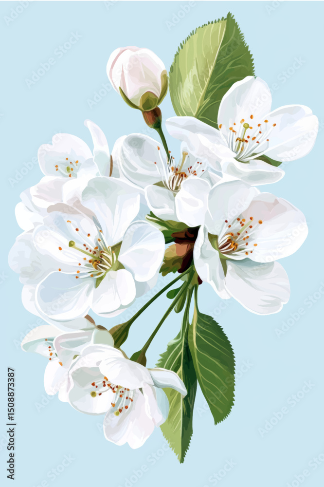 Fototapeta premium Soft Blue Cherry Blossom Vector Background with White Petals and Botanical Details for Elegant Use