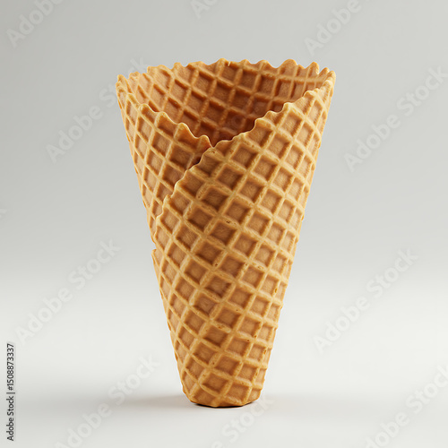 Empty waffle ice cream cone with crispy texture, standing on a light grey studio background. Perfect for summer desserts