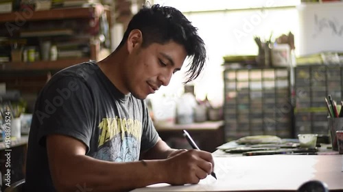 Young Latino male artist sketching in creative studio photo