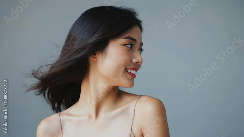 smiling young woman with windblown hair gazing to the left in thin strap dress against plain grey background, concept of beauty, skincare, lifestyle