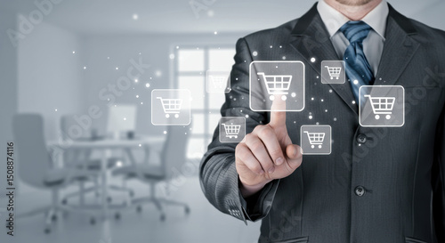 Online Shopping: Man in suit interacting with virtual shopping carts in a modern, light-filled office, enhancing digital commerce.