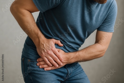 Man suffering from pelvic pain, holding his groin area with both hands