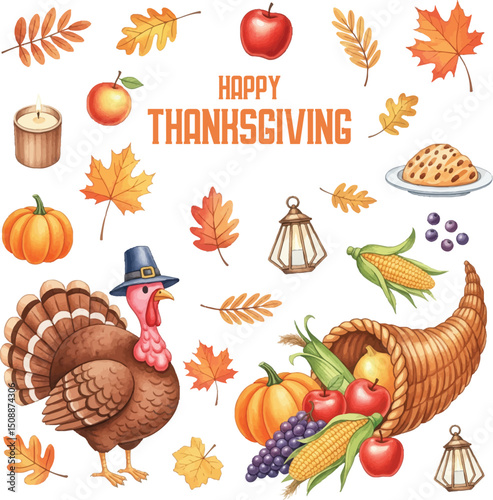 Happy Thanksgiving Watercolor Illustration with Cornucopia and Turkey watercolor