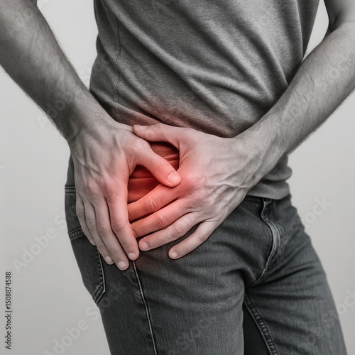 Man suffering from hip pain, holding his pelvis with hands