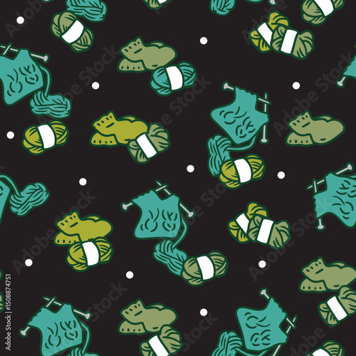 Green Knits Wool and Knitting Needles Pattern. Ideal for fabric prints, wrapping papers, or creative projects, this pattern captures the essence of cozy, handmade crafts.