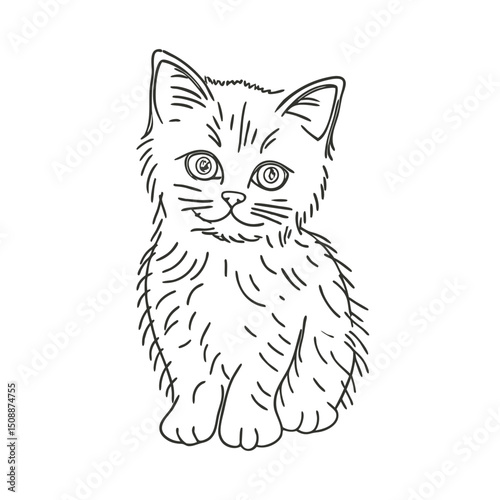 Adorable Kitten Line Drawing Cute Cat Illustration on White Background