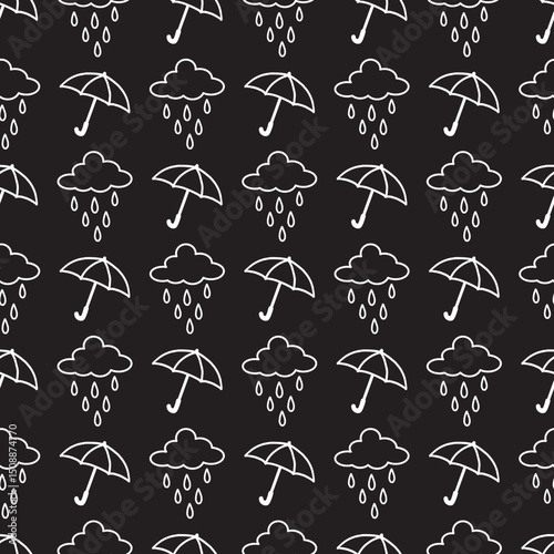 Rainy Day Delight Umbrella and Rain Cloud Line Art. This seamless design is ideal for use in digital and print media, including textiles, wallpapers, and stationery.