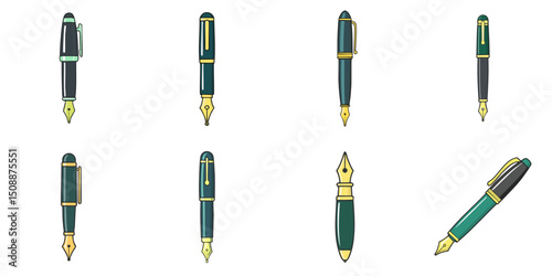 Multiple vector illustrations fountain pens, outlines