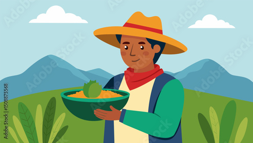A proud farmer serving up a bowl of his familys traditional Andean quinoa recipe featuring his own harvest of quinoa and freshly picked herbs.. Vector illustration