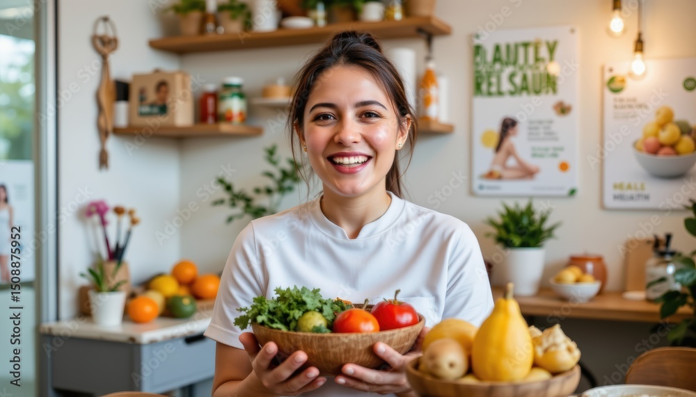 Smiling Woman Holding Bowl of Fresh Vegetables and Fruits in a Modern Kitchen Setting Smiling Woman Holding Bowl of Fresh Vegetables and Fruits in a Modern Kitchen Setting