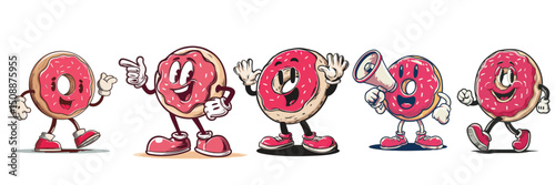 vintage retro style doughnut cartoon mascot character with expressive faces and gestures