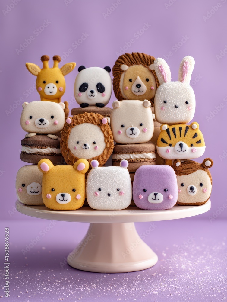 Obraz premium A stack of colorful macarons decorated with animal faces.