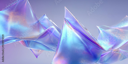 Abstract iridescent shapes flowing and glowing with particles