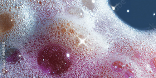 Colorful foam bubbles creating an abstract texture background with light refl...