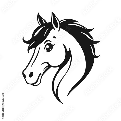 Cute horse head, cartoon horse face, black and white stallion, adorable pony sketch, vector animal illustration