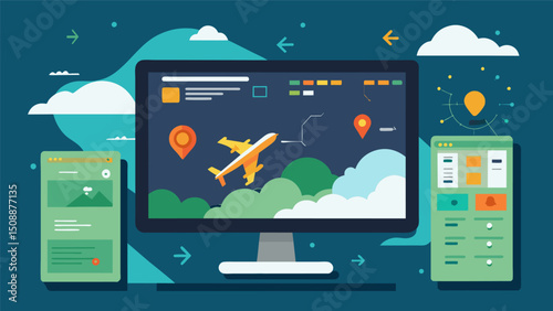 A computerized weather prediction software that helps air taxis plan their routes and adjust for any sudden changes in weather conditions.. Vector illustration