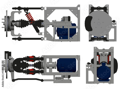 A close up of a machine with a blue motor. The machine is made up of several parts, including a blue motor, a black casing, and a grey frame