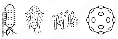 Microbiology virus and bacteria cells outline icon set vector illustration for science research medical education infographic diagram health visuals.
