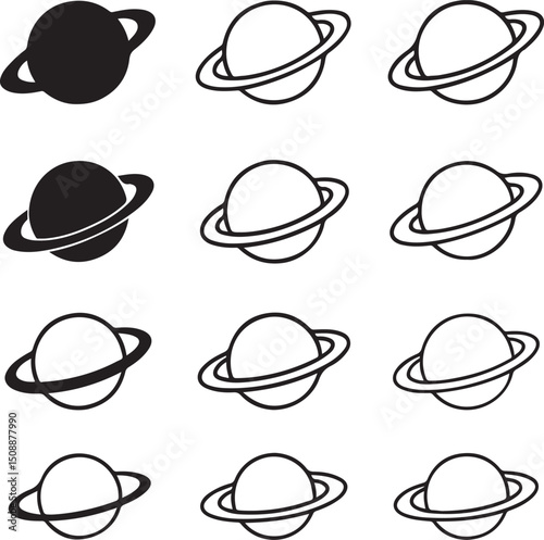Set of Planet Saturn Icons – Astronomy Vector Illustrations in Various Styles