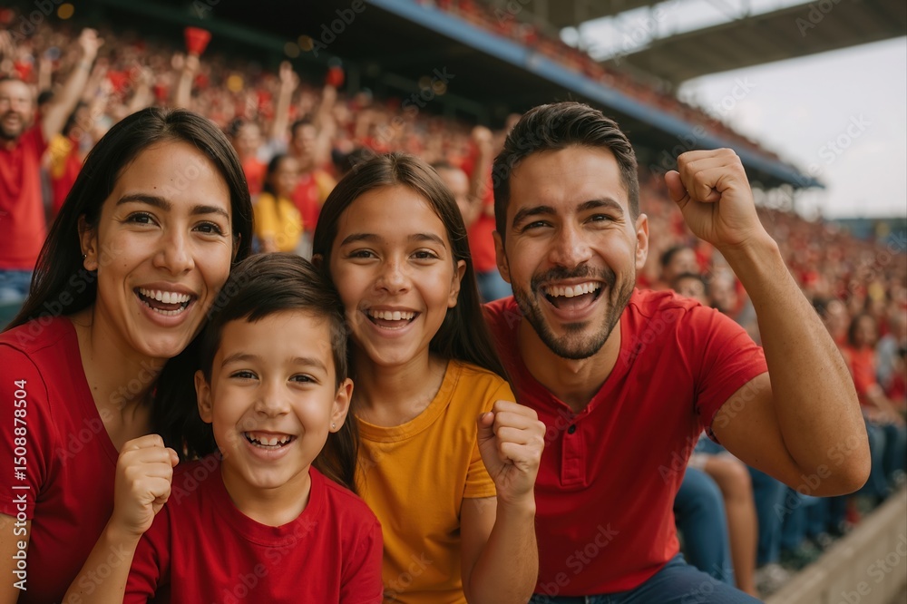Fototapeta premium Enthusiastic family cheering and having fun while watching a sports event at the stadium, celebrating their team victory